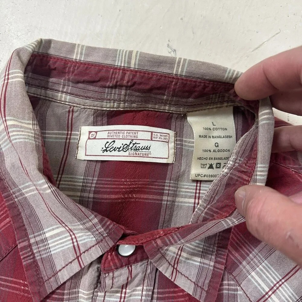 Levi’s Shirt Mens Large Red Western Style Button Up Plaid White pockets READ